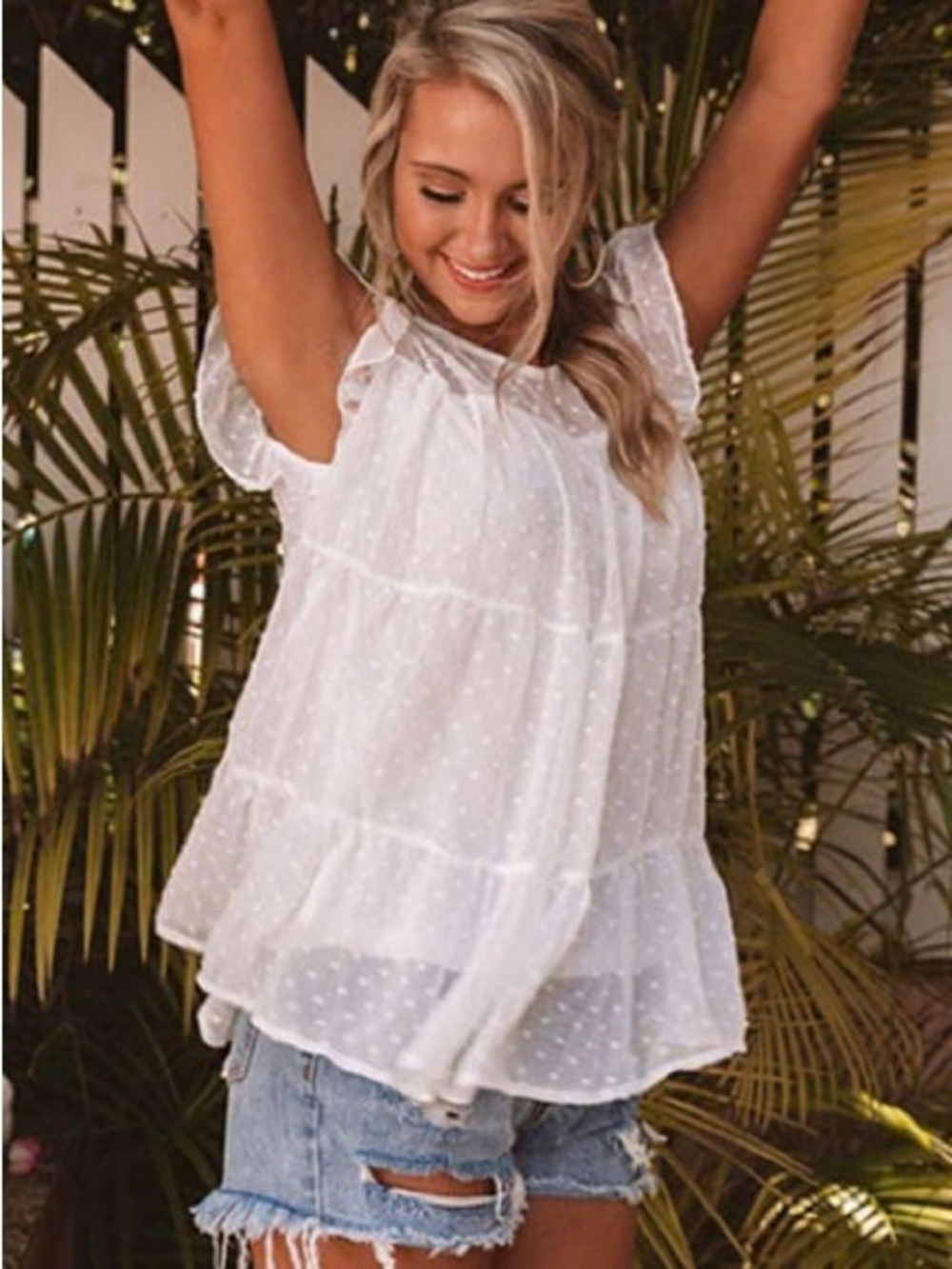 Kori White Chiffon Tiered Swiss Dot Top